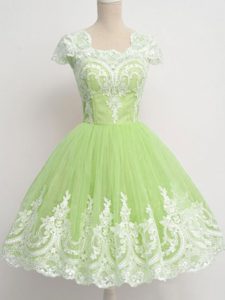 Luxurious Knee Length Zipper Vestidos de Damas Yellow Green for Prom and Party and Wedding Party with Lace