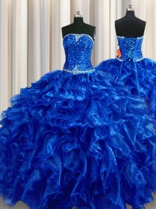 Royal Blue Organza Lace Up Ball Gown Prom Dress Sleeveless Floor Length Beading and Ruffles