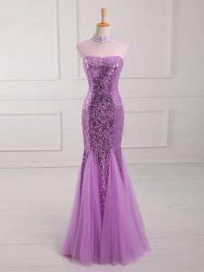 Custom Designed Lilac Tulle and Sequined Lace Up Prom Party Dress Sleeveless Floor Length Beading and Sequins