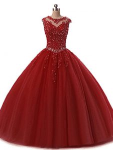Best Selling Wine Red Ball Gowns Scoop Sleeveless Tulle Floor Length Lace Up Beading and Lace Quinceanera Dress