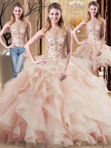 Suitable Peach Sleeveless Tulle Brush Train Lace Up Sweet 16 Quinceanera Dress for Military Ball and Sweet 16 and Quinceanera