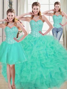 Affordable Turquoise Lace Up 15 Quinceanera Dress Beading and Ruffled Layers Sleeveless Brush Train