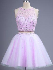 Sleeveless Tulle Knee Length Lace Up Court Dresses for Sweet 16 in Lilac with Beading