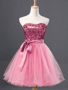Sweetheart Sleeveless Evening Dress Mini Length Sequins Rose Pink Tulle