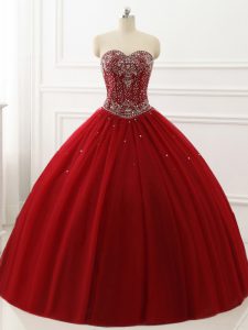 Stylish Wine Red Tulle Lace Up Quince Ball Gowns Sleeveless Floor Length Beading