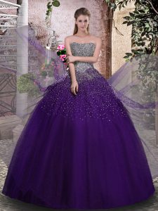 Great Purple Ball Gowns Beading Quince Ball Gowns Lace Up Tulle Sleeveless Floor Length