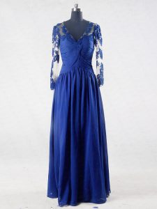 Sumptuous Blue Long Sleeves Floor Length Lace and Appliques Zipper Prom Party Dress