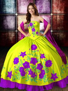 Perfect Yellow Green Ball Gowns Taffeta Strapless Sleeveless Embroidery Floor Length Lace Up Quinceanera Dress
