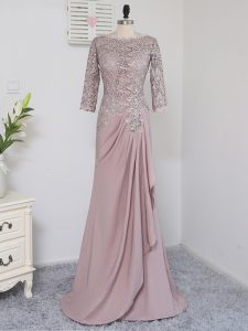 Pink Elastic Woven Satin Zipper Prom Party Dress Half Sleeves Brush Train Beading and Lace and Appliques
