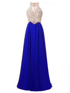 Simple Royal Blue Chiffon Zipper High-neck Sleeveless Floor Length Prom Gown Beading