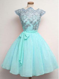 Knee Length A-line Cap Sleeves Aqua Blue Damas Dress Lace Up