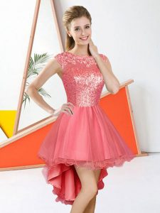 Superior Watermelon Red Organza Backless Bateau Sleeveless High Low Damas Dress Beading and Lace