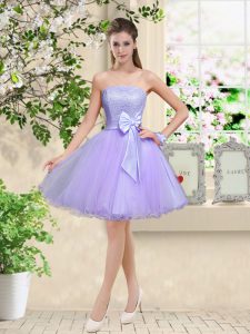 A-line Quinceanera Court of Honor Dress Lilac Off The Shoulder Organza Sleeveless Knee Length Lace Up