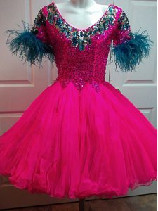 Simple Fuchsia Scoop Zipper Beading and Sequins Homecoming Dress Short Sleeves
