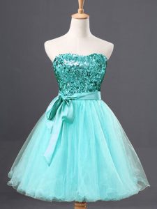 Aqua Blue A-line Sweetheart Sleeveless Tulle Mini Length Zipper Sequins Homecoming Dress