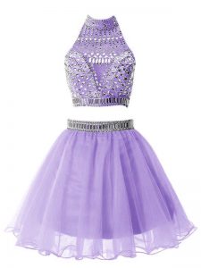 Deluxe Lilac A-line Organza High-neck Sleeveless Beading Knee Length Zipper Quinceanera Dama Dress
