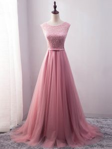 Fashionable Sleeveless Beading and Belt Lace Up Homecoming Dress with Pink Brush Train