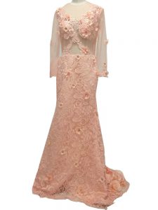 Spectacular Peach Evening Dress Prom and Party and Military Ball and Sweet 16 with Beading and Hand Made Flower Scoop Long Sleeves Brush Train Side Zipper
