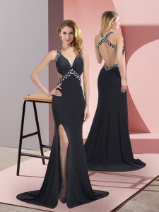 Latest Black Halter Top Neckline Beading Prom Evening Gown Sleeveless Criss Cross