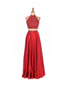 Sleeveless Elastic Woven Satin Floor Length Backless Prom Evening Gown in Red with Beading