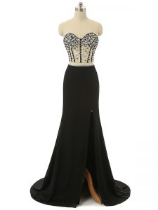 Black Sleeveless Elastic Woven Satin Brush Train Zipper Prom Evening Gown for Prom and Party