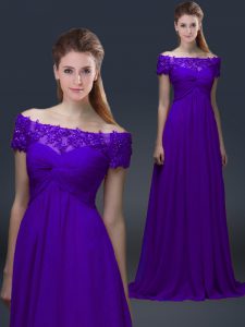 Custom Fit Purple Lace Up Prom Gown Appliques Short Sleeves Floor Length