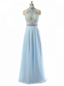 Great Light Blue Prom Evening Gown Prom and Military Ball and Sweet 16 with Beading Halter Top Sleeveless Backless