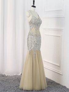 Luxurious Floor Length Criss Cross Evening Dress Champagne for Prom and Military Ball with Beading
