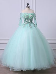 Sweet Apple Green Ball Gowns Beading 15th Birthday Dress Lace Up Tulle 3 4 Length Sleeve Floor Length