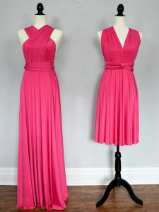 Hot Pink Chiffon Lace Up Halter Top Sleeveless Floor Length Dama Dress Ruching