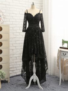 Black Zipper Off The Shoulder Lace Evening Dress Lace Half Sleeves