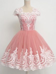 Exceptional Peach Tulle Zipper Square Cap Sleeves Knee Length Quinceanera Dama Dress Lace