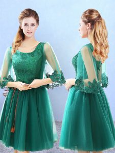 Lace and Appliques Quinceanera Court of Honor Dress Green Lace Up 3 4 Length Sleeve Knee Length