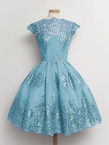 New Arrival Aqua Blue Lace Up Quinceanera Court of Honor Dress Lace Cap Sleeves Knee Length