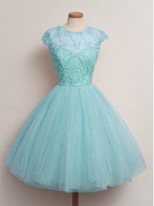 Aqua Blue Ball Gowns Lace Dama Dress for Quinceanera Lace Up Tulle Cap Sleeves Knee Length