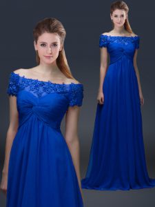 Fantastic Blue Chiffon Lace Up Prom Evening Gown Short Sleeves Floor Length Appliques