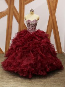 Burgundy Sleeveless Beading and Ruffles Lace Up 15 Quinceanera Dress