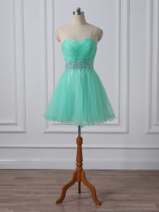 Designer Apple Green Lace Up Prom Gown Beading and Ruching Sleeveless Mini Length