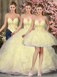 Luxurious Light Yellow Tulle Lace Up Sweetheart Sleeveless Floor Length Sweet 16 Dresses Beading and Ruffles
