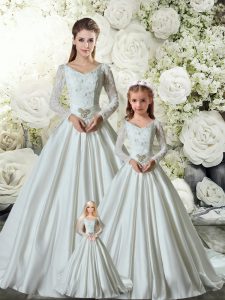 Elegant White Quinceanera Dress Wedding Party with Lace and Belt V-neck Long Sleeves Chapel Train Lace Up
