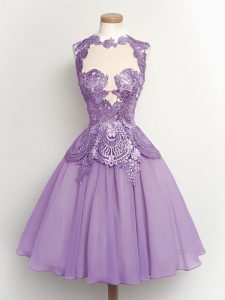 Lavender A-line High-neck Sleeveless Chiffon Knee Length Lace Up Lace Quinceanera Court Dresses