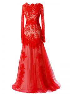 Trendy Scalloped Sleeveless Prom Party Dress Floor Length Beading and Lace Red Tulle