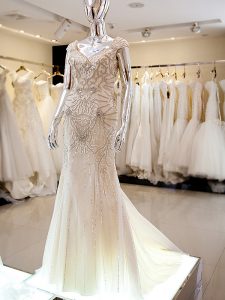 Brush Train Column/Sheath Prom Evening Gown Champagne V-neck Tulle Cap Sleeves Backless