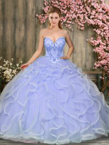 Lovely Lavender Lace Up Quince Ball Gowns Beading and Ruffles Sleeveless Floor Length