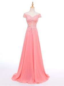 Top Selling Short Sleeves Floor Length Lace and Appliques Zipper Prom Dress with Watermelon Red