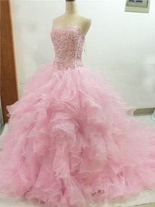 Great Baby Pink Sleeveless Beading and Ruffles Lace Up Quinceanera Gown