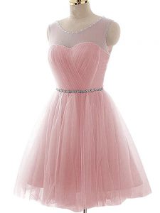Pink A-line Beading and Ruching Prom Party Dress Lace Up Tulle Sleeveless Mini Length