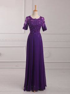 Popular Scoop Half Sleeves Prom Party Dress Floor Length Lace and Appliques Purple Chiffon