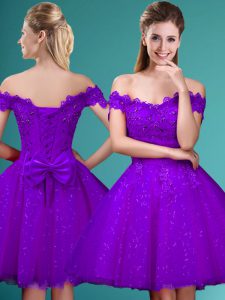 Cute Cap Sleeves Knee Length Lace and Belt Lace Up Quinceanera Dama Dress with Eggplant Purple
