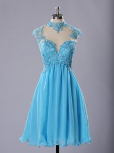 High-neck Sleeveless Zipper Prom Dress Baby Blue Chiffon